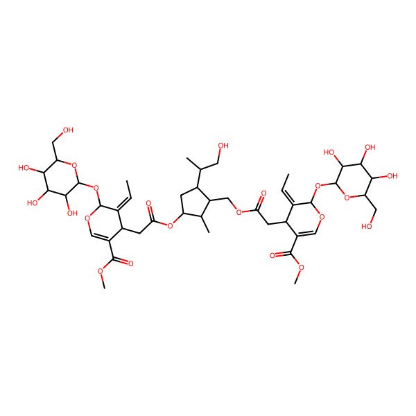 2D Structure of methyl (4S,5Z,6S)-5-ethylidene-4-[2-[[(1S,2S,3S,5S)-3-[2-[(2S,3Z,4S)-3-ethylidene-5-methoxycarbonyl-2-[(2S,3R,4S,5S,6R)-3,4,5-trihydroxy-6-(hydroxymethyl)oxan-2-yl]oxy-4H-pyran-4-yl]acetyl]oxy-5-[(2S)-1-hydroxypropan-2-yl]-2-methylcyclopentyl]methoxy]-2-oxoethyl]-6-[(2S,3R,4S,5S,6R)-3,4,5-trihydroxy-6-(hydroxymethyl)oxan-2-yl]oxy-4H-pyran-3-carboxylate
