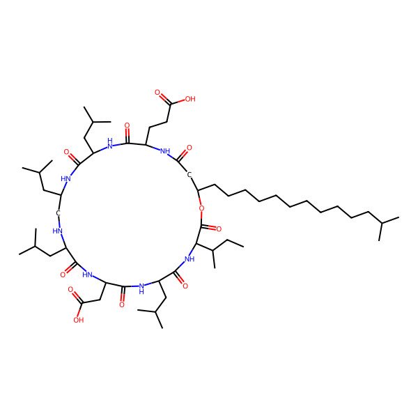 2D Structure of 3-[(3S,6R,9S,12S,15R,18S,21S)-3-[(2S)-butan-2-yl]-9-(carboxymethyl)-6,12,15,18-tetrakis(2-methylpropyl)-25-(12-methyltridecyl)-2,5,8,11,17,20,23-heptaoxo-1-oxa-4,7,10,13,16,19,22-heptazacyclopentacos-21-yl]propanoic acid