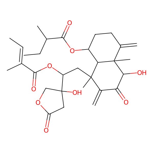 2D Structure of [(1S,4aS,5S,8S,8aS)-5-hydroxy-8-[(2S)-2-[(3S)-3-hydroxy-5-oxooxolan-3-yl]-2-[(E)-2-methylbut-2-enoyl]oxyethyl]-4a,8-dimethyl-4,7-dimethylidene-6-oxo-2,3,5,8a-tetrahydro-1H-naphthalen-1-yl] (2R)-2-methylbutanoate