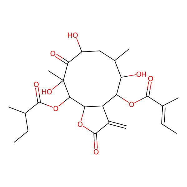 2D Structure of [(3aR,4R,5R,6R,8R,10R,11R,11aS)-5,8,10-trihydroxy-6,10-dimethyl-4-[(Z)-2-methylbut-2-enoyl]oxy-3-methylidene-2,9-dioxo-3a,4,5,6,7,8,11,11a-octahydrocyclodeca[b]furan-11-yl] (2R)-2-methylbutanoate
