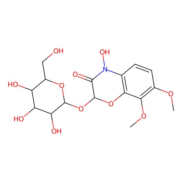 2D Structure of (2R)-4-hydroxy-7,8-dimethoxy-2-[(2S,3R,4S,5S,6R)-3,4,5-trihydroxy-6-(hydroxymethyl)oxan-2-yl]oxy-1,4-benzoxazin-3-one