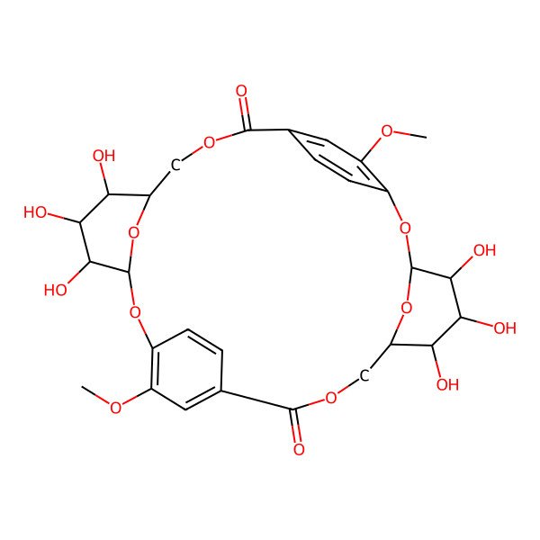 2D Structure of (3S,4R,5R,6S,7R,16S,17R,18S,19S,20R)-4,5,6,17,18,19-hexahydroxy-13,26-dimethoxy-2,9,15,22,29,32-hexaoxapentacyclo[22.2.2.211,14.13,7.116,20]dotriaconta-1(26),11,13,24,27,30-hexaene-10,23-dione