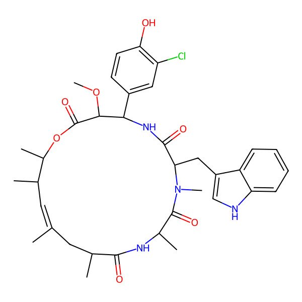 2D Structure of 4-(3-chloro-4-hydroxyphenyl)-7-(1H-indol-3-ylmethyl)-3-methoxy-8,10,13,15,17,18-hexamethyl-1-oxa-5,8,11-triazacyclooctadec-15-ene-2,6,9,12-tetrone
