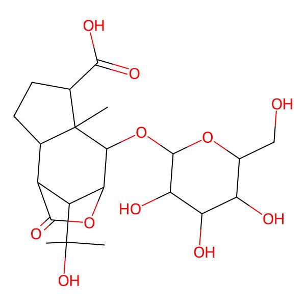 2D Structure of (1S,2R,5S,6S,7S,8S,11R)-11-(2-hydroxypropan-2-yl)-6-methyl-10-oxo-7-[(2S,3S,4R,5S,6S)-3,4,5-trihydroxy-6-(hydroxymethyl)oxan-2-yl]oxy-9-oxatricyclo[6.2.1.02,6]undecane-5-carboxylic acid