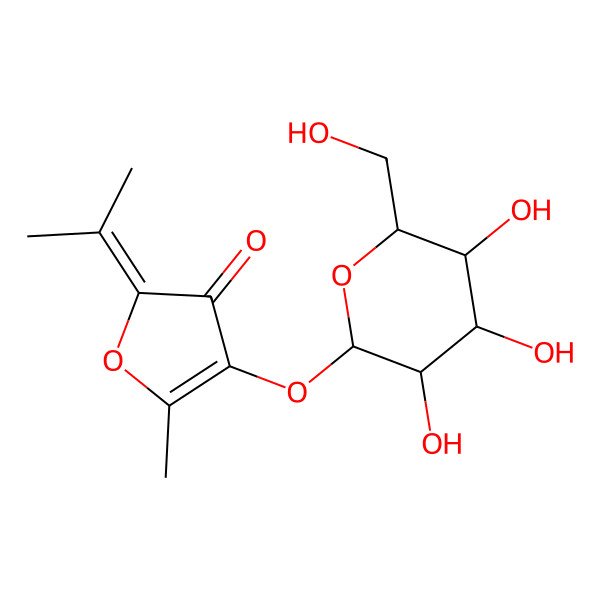 2D Structure of 5-methyl-2-propan-2-ylidene-4-[(2S,3R,4S,5S,6R)-3,4,5-trihydroxy-6-(hydroxymethyl)oxan-2-yl]oxyfuran-3-one