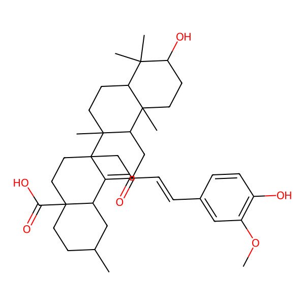 2D Structure of (2R,4aS,6aR,6aR,6bR,8aR,10S,12aR,14bS)-10-hydroxy-6a-[4-(4-hydroxy-3-methoxyphenyl)-2-oxobut-3-enyl]-2,6b,9,9,12a-pentamethyl-2,3,4,5,6,6a,7,8,8a,10,11,12,13,14b-tetradecahydro-1H-picene-4a-carboxylic acid