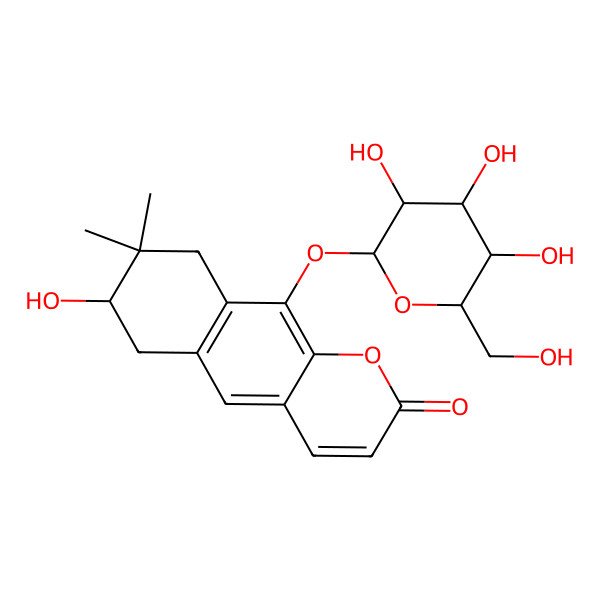 2D Structure of (7S)-7-hydroxy-8,8-dimethyl-10-[(2R,3S,4R,5R,6S)-3,4,5-trihydroxy-6-(hydroxymethyl)oxan-2-yl]oxy-7,9-dihydro-6H-benzo[g]chromen-2-one