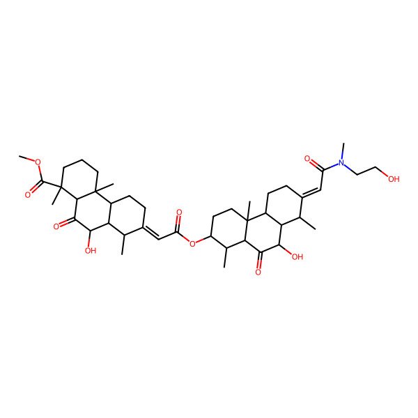 2D Structure of methyl 9-hydroxy-7-[2-[[9-hydroxy-7-[2-[2-hydroxyethyl(methyl)amino]-2-oxoethylidene]-1,4a,8-trimethyl-10-oxo-2,3,4,4b,5,6,8,8a,9,10a-decahydro-1H-phenanthren-2-yl]oxy]-2-oxoethylidene]-1,4a,8-trimethyl-10-oxo-2,3,4,4b,5,6,8,8a,9,10a-decahydrophenanthrene-1-carboxylate