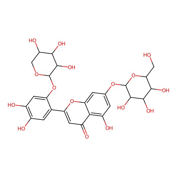 2D Structure of 2-[4,5-dihydroxy-2-[(2R,3R,4R,5S)-3,4,5-trihydroxyoxan-2-yl]oxyphenyl]-5-hydroxy-7-[(2S,3R,4S,5S,6R)-3,4,5-trihydroxy-6-(hydroxymethyl)oxan-2-yl]oxychromen-4-one