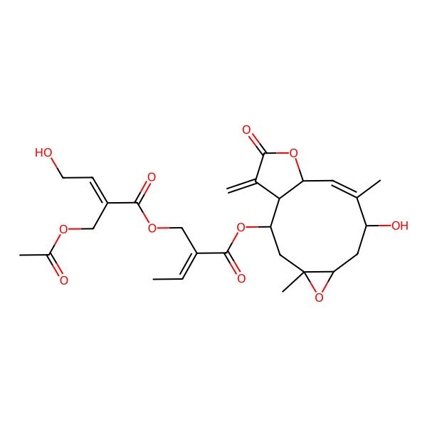 2D Structure of [(E)-2-[[(1R,2R,4R,6R,8S,9Z,11R)-8-hydroxy-4,9-dimethyl-14-methylidene-13-oxo-5,12-dioxatricyclo[9.3.0.04,6]tetradec-9-en-2-yl]oxycarbonyl]but-2-enyl] (E)-2-(acetyloxymethyl)-4-hydroxybut-2-enoate