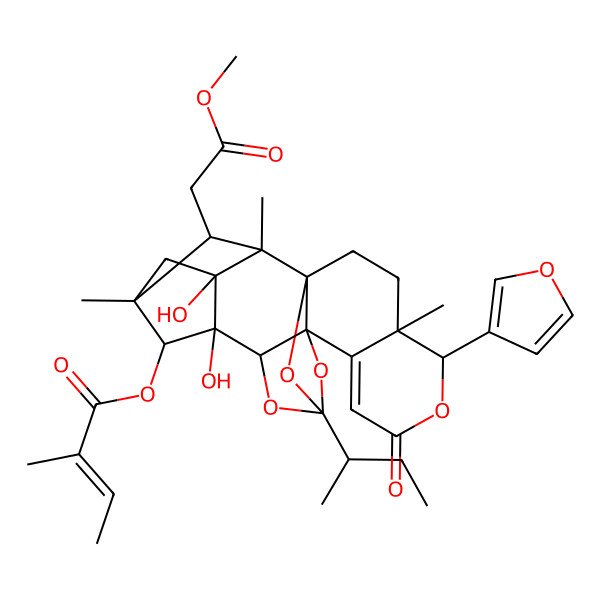 2D Structure of [(1S,4R,5R,10R,12S,14R,15S,16R,18R,19S,20R,22S)-12-[(2R)-butan-2-yl]-5-(furan-3-yl)-15,16-dihydroxy-19-(2-methoxy-2-oxoethyl)-4,18,20-trimethyl-7-oxo-6,11,13,21-tetraoxaheptacyclo[10.8.1.115,18.01,10.04,9.010,14.016,20]docos-8-en-22-yl] (E)-2-methylbut-2-enoate
