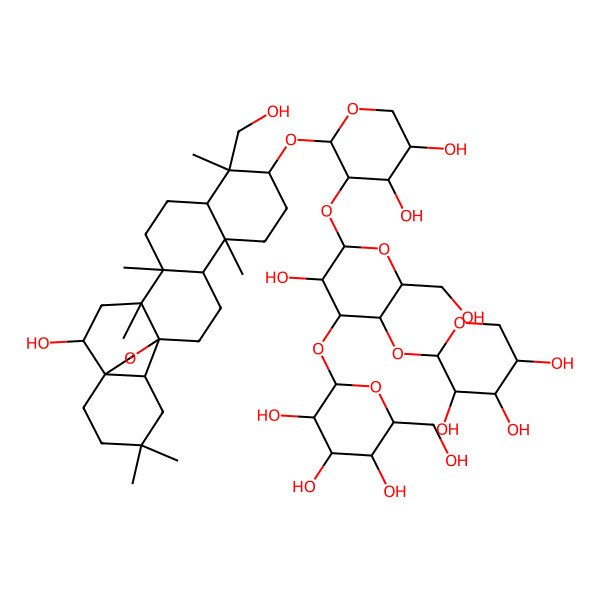 2D Structure of (2S,3R,4S,5S,6R)-2-[(2S,3R,4R,5R,6R)-2-[(2S,3R,4S,5R)-4,5-dihydroxy-2-[[(1S,2R,4S,5R,8R,9R,10S,13R,14R,17S,18R)-2-hydroxy-9-(hydroxymethyl)-4,5,9,13,20,20-hexamethyl-24-oxahexacyclo[15.5.2.01,18.04,17.05,14.08,13]tetracosan-10-yl]oxy]oxan-3-yl]oxy-3-hydroxy-6-(hydroxymethyl)-5-[(2S,3S,4R,5R)-3,4,5-trihydroxyoxan-2-yl]oxyoxan-4-yl]oxy-6-(hydroxymethyl)oxane-3,4,5-triol