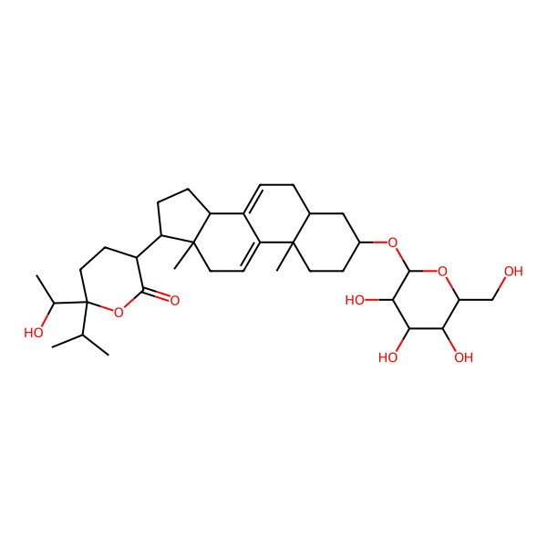 2D Structure of (3R,6R)-3-[(3S,5S,10S,13R,14R,17R)-10,13-dimethyl-3-[(2R,3R,4S,5S,6R)-3,4,5-trihydroxy-6-(hydroxymethyl)oxan-2-yl]oxy-2,3,4,5,6,12,14,15,16,17-decahydro-1H-cyclopenta[a]phenanthren-17-yl]-6-[(1R)-1-hydroxyethyl]-6-propan-2-yloxan-2-one