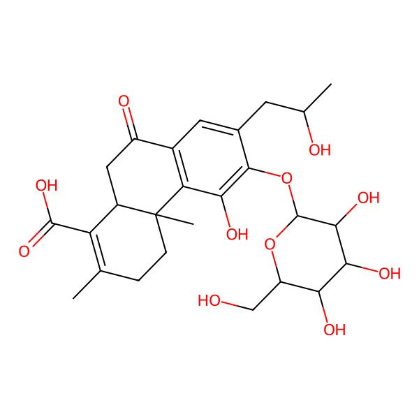 2D Structure of (4aS,10aR)-5-hydroxy-7-(2-hydroxypropyl)-2,4a-dimethyl-9-oxo-6-[(2S,3R,4S,5S,6R)-3,4,5-trihydroxy-6-(hydroxymethyl)oxan-2-yl]oxy-3,4,10,10a-tetrahydrophenanthrene-1-carboxylic acid