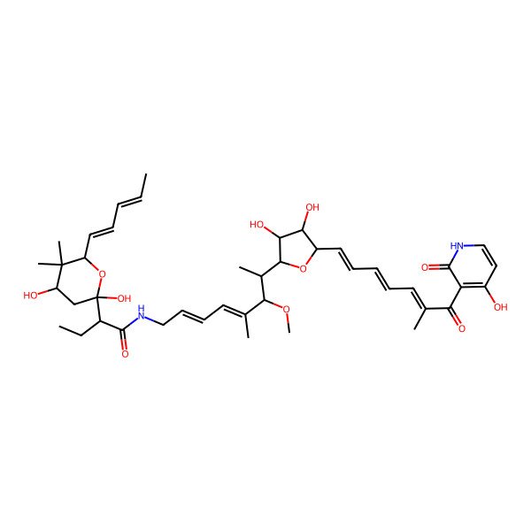 2D Structure of (2S)-2-[(2S,4S,6S)-2,4-dihydroxy-5,5-dimethyl-6-[(1E,3Z)-penta-1,3-dienyl]oxan-2-yl]-N-[(2E,4E,6S,7R)-7-[(2S,3S,4R,5R)-3,4-dihydroxy-5-[(1E,3E,5E)-7-(4-hydroxy-2-oxo-1H-pyridin-3-yl)-6-methyl-7-oxohepta-1,3,5-trienyl]oxolan-2-yl]-6-methoxy-5-methylocta-2,4-dienyl]butanamide