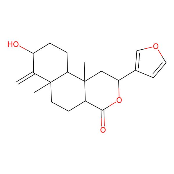 2D Structure of (2S,4aR,6aR,8R,10aR,10bR)-2-(furan-3-yl)-8-hydroxy-6a,10b-dimethyl-7-methylidene-2,4a,5,6,8,9,10,10a-octahydro-1H-benzo[f]isochromen-4-one