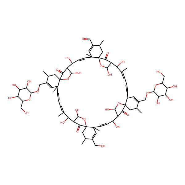 2D Structure of (7E,19E,21E,33E,45E,47E)-9,11,23,25,35,37,49,51-octahydroxy-30-(hydroxymethyl)-3,6,15,18,22,29,32,41,48-nonamethyl-53,54,55,56-tetraoxo-16,42-bis[[(2S,3R,4S,5R,6R)-3,4,5-trihydroxy-6-(hydroxymethyl)oxan-2-yl]oxymethyl]-12,26,38,52-tetraoxanonacyclo[48.2.1.110,13.124,27.136,39.01,6.013,18.027,32.039,44]hexapentaconta-4,7,16,19,21,30,33,42,45,47-decaene-4-carbaldehyde