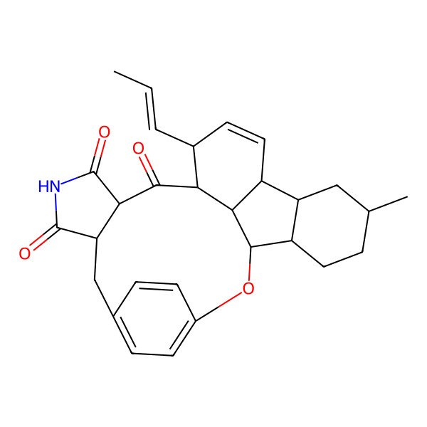 2D Structure of 7-Methyl-13-prop-1-enyl-2-oxa-18-azahexacyclo[20.2.2.13,10.04,9.016,20.014,27]heptacosa-1(24),11,22,25-tetraene-15,17,19-trione