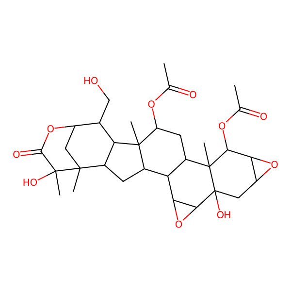 2D Structure of [(1R,2R,4S,5R,6S,8S,9R,11S,13S,14R,15S,16S,18S,19S,20S,21R,22S,25R)-14-acetyloxy-9,25-dihydroxy-21-(hydroxymethyl)-1,15,19,25-tetramethyl-24-oxo-7,12,23-trioxaoctacyclo[20.3.1.02,20.04,19.05,16.06,8.09,15.011,13]hexacosan-18-yl] acetate