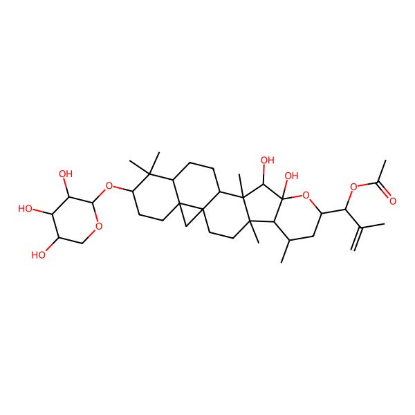 2D Structure of [(1R)-1-[(1S,4R,5R,6R,8R,10R,11R,12S,13R,16R,18S,21R)-10,11-dihydroxy-4,6,12,17,17-pentamethyl-18-[(2S,3R,4S,5R)-3,4,5-trihydroxyoxan-2-yl]oxy-9-oxahexacyclo[11.9.0.01,21.04,12.05,10.016,21]docosan-8-yl]-2-methylprop-2-enyl] acetate