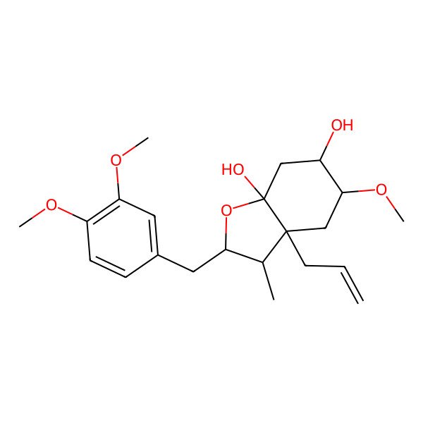 2D Structure of (2S,3S,3aR,5R,6R,7aS)-2-[(3,4-dimethoxyphenyl)methyl]-5-methoxy-3-methyl-3a-prop-2-enyl-2,3,4,5,6,7-hexahydro-1-benzofuran-6,7a-diol