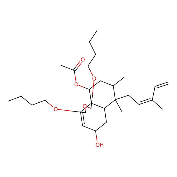2D Structure of [(3R,5R,6aS,7R,8R,10S,10aS)-1,3-dibutoxy-5-hydroxy-7,8-dimethyl-7-[(2E)-3-methylpenta-2,4-dienyl]-1,3,5,6,6a,8,9,10-octahydrobenzo[d][2]benzofuran-10-yl] acetate