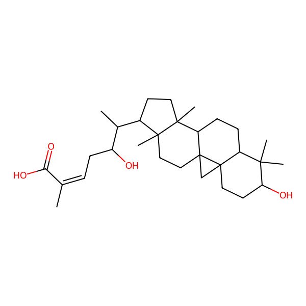 2D Structure of (E,5R,6S)-5-hydroxy-6-[(1S,3R,6R,8R,11S,12S,15R,16R)-6-hydroxy-7,7,12,16-tetramethyl-15-pentacyclo[9.7.0.01,3.03,8.012,16]octadecanyl]-2-methylhept-2-enoic acid