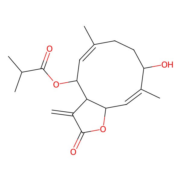 2D Structure of [(3aS,4S,5E,9S,10Z,11aS)-9-hydroxy-6,10-dimethyl-3-methylidene-2-oxo-3a,4,7,8,9,11a-hexahydrocyclodeca[b]furan-4-yl] 2-methylpropanoate