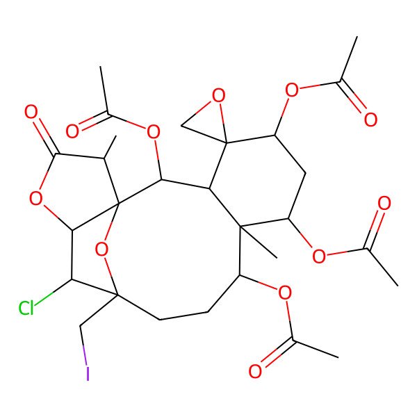 2D Structure of [(1S,2R,3R,4S,5S,7R,8R,9R,12R,13S,14S,17S)-2,5,7-triacetyloxy-13-chloro-12-(iodomethyl)-8,17-dimethyl-16-oxospiro[15,18-dioxatetracyclo[10.5.1.01,14.03,8]octadecane-4,2'-oxirane]-9-yl] acetate