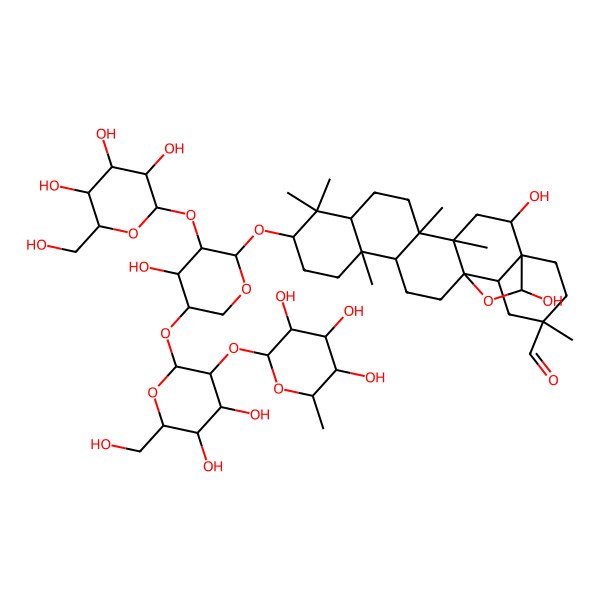 2D Structure of (1S,2R,4S,5R,8R,10S,13S,14R,17S,18R,20S,23S)-10-[(2S,3R,4S,5S)-5-[(2S,3R,4S,5S,6R)-4,5-dihydroxy-6-(hydroxymethyl)-3-[(2S,3R,4R,5R,6S)-3,4,5-trihydroxy-6-methyloxan-2-yl]oxyoxan-2-yl]oxy-4-hydroxy-3-[(2S,3R,4S,5S,6R)-3,4,5-trihydroxy-6-(hydroxymethyl)oxan-2-yl]oxyoxan-2-yl]oxy-2,23-dihydroxy-4,5,9,9,13,20-hexamethyl-24-oxahexacyclo[15.5.2.01,18.04,17.05,14.08,13]tetracosane-20-carbaldehyde