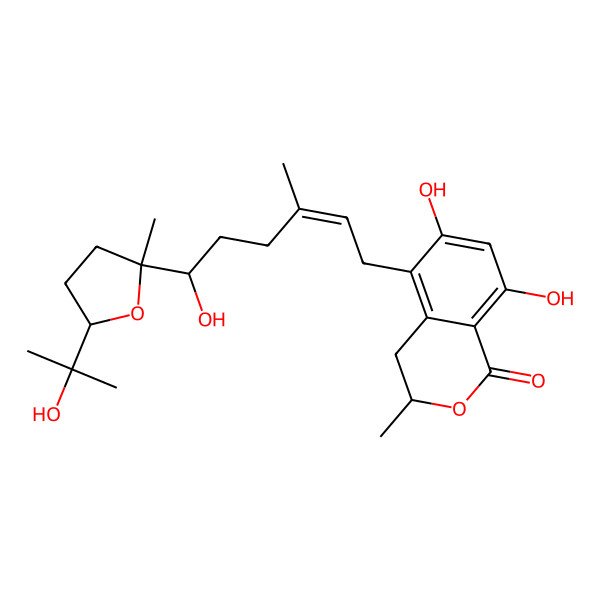 2D Structure of 6,8-Dihydroxy-5-[6-hydroxy-6-[5-(2-hydroxypropan-2-yl)-2-methyloxolan-2-yl]-3-methylhex-2-enyl]-3-methyl-3,4-dihydroisochromen-1-one
