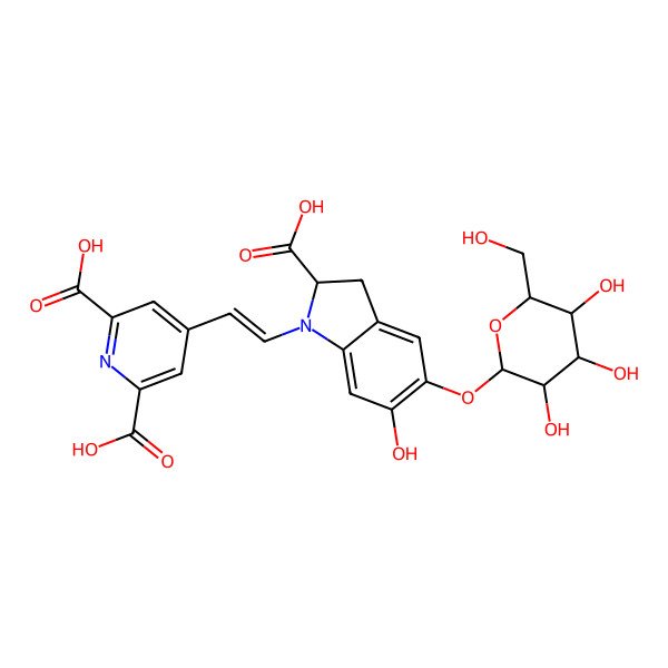 2D Structure of 4-[2-[(2R)-2-carboxy-6-hydroxy-5-[(2S,3R,4S,5S,6R)-3,4,5-trihydroxy-6-(hydroxymethyl)oxan-2-yl]oxy-2,3-dihydroindol-1-yl]ethenyl]pyridine-2,6-dicarboxylic acid
