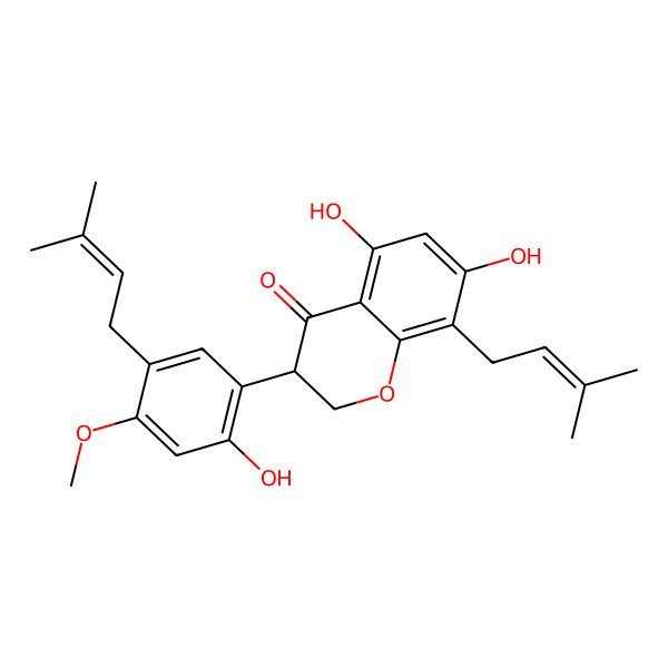 2D Structure of (3S)-5,7-dihydroxy-3-[2-hydroxy-4-methoxy-5-(3-methylbut-2-enyl)phenyl]-8-(3-methylbut-2-enyl)-2,3-dihydrochromen-4-one