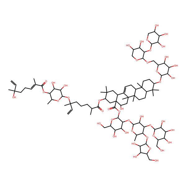 2D Structure of [3-[5-[3,4-Dihydroxy-5-(hydroxymethyl)oxolan-2-yl]oxy-3-hydroxy-6-methyl-4-[3,4,5-trihydroxy-6-(hydroxymethyl)oxan-2-yl]oxyoxan-2-yl]oxy-4,5-dihydroxy-6-(hydroxymethyl)oxan-2-yl] 3-[6-[3,4-dihydroxy-5-(6-hydroxy-2,6-dimethylocta-2,7-dienoyl)oxy-6-methyloxan-2-yl]oxy-2,6-dimethyloct-7-enoyl]oxy-10-[6-[[4,5-dihydroxy-3-(3,4,5-trihydroxyoxan-2-yl)oxyoxan-2-yl]oxymethyl]-3,4,5-trihydroxyoxan-2-yl]oxy-5-hydroxy-2,2,6a,6b,9,9,12a-heptamethyl-1,3,4,5,6,6a,7,8,8a,10,11,12,13,14b-tetradecahydropicene-4a-carboxylate