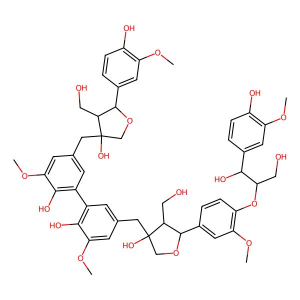 2D Structure of (1R,2S)-2-[4-[(2S,3R,4S)-4-hydroxy-4-[[4-hydroxy-3-[2-hydroxy-5-[[(3S,4S,5R)-3-hydroxy-5-(4-hydroxy-3-methoxyphenyl)-4-(hydroxymethyl)oxolan-3-yl]methyl]-3-methoxyphenyl]-5-methoxyphenyl]methyl]-3-(hydroxymethyl)oxolan-2-yl]-2-methoxyphenoxy]-1-(4-hydroxy-3-methoxyphenyl)propane-1,3-diol