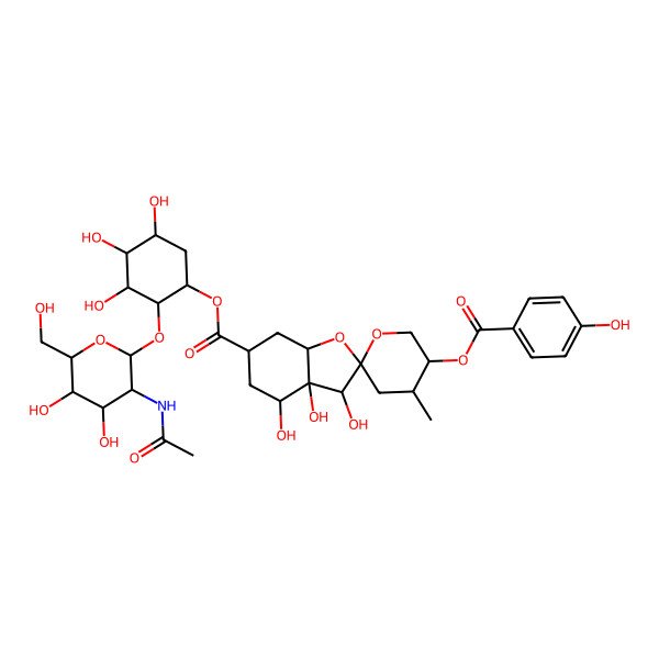 2D Structure of [2-[3-Acetamido-4,5-dihydroxy-6-(hydroxymethyl)oxan-2-yl]oxy-3,4,5-trihydroxycyclohexyl] 3,3a,4-trihydroxy-5'-(4-hydroxybenzoyl)oxy-4'-methylspiro[3,4,5,6,7,7a-hexahydro-1-benzofuran-2,2'-oxane]-6-carboxylate