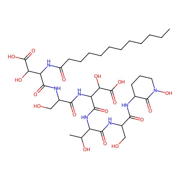 2D Structure of 4-[[1-[[1-Carboxy-1-hydroxy-3-[[3-hydroxy-1-[[3-hydroxy-1-[(1-hydroxy-2-oxopiperidin-3-yl)amino]-1-oxopropan-2-yl]amino]-1-oxobutan-2-yl]amino]-3-oxopropan-2-yl]amino]-3-hydroxy-1-oxopropan-2-yl]amino]-3-(dodecanoylamino)-2-hydroxy-4-oxobutanoic acid
