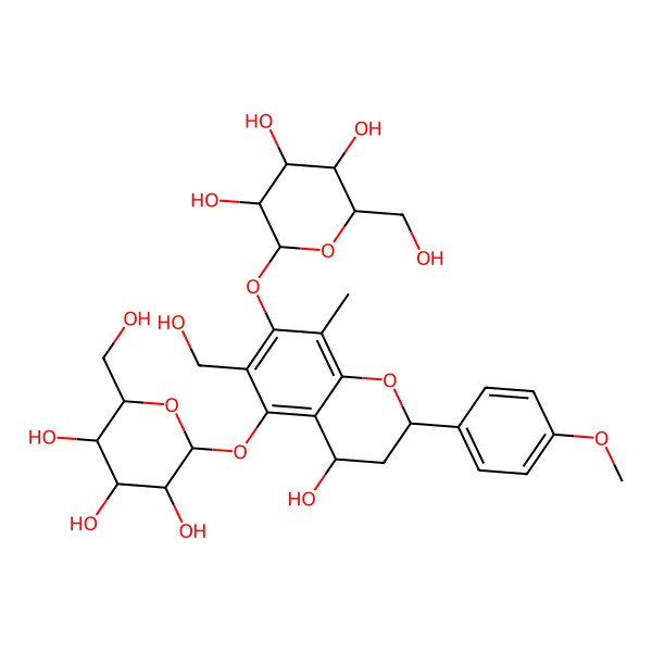 2D Structure of (2S,3R,4S,5S,6R)-2-[[(2S,4R)-4-hydroxy-6-(hydroxymethyl)-2-(4-methoxyphenyl)-8-methyl-5-[(2S,3R,4S,5S,6S)-3,4,5-trihydroxy-6-(hydroxymethyl)oxan-2-yl]oxy-3,4-dihydro-2H-chromen-7-yl]oxy]-6-(hydroxymethyl)oxane-3,4,5-triol
