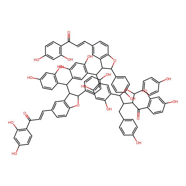 2D Structure of (E)-3-[(2R,3S)-3-[(S)-[5-[(R)-[5-[(2R,3R,4R,5S)-4-(2,4-dihydroxybenzoyl)-5-(4-hydroxyphenyl)-3-[(4-hydroxyphenyl)methyl]oxolan-2-yl]-2,4-dihydroxyphenyl]-[(2R,3S)-5-[(E)-3-(2,4-dihydroxyphenyl)-3-oxoprop-1-enyl]-2-(4-hydroxyphenyl)-2,3-dihydro-1-benzofuran-3-yl]methyl]-2,4-dihydroxyphenyl]-(2,4-dihydroxyphenyl)methyl]-2-(4-hydroxyphenyl)-2,3-dihydro-1-benzofuran-5-yl]-1-(2,4-dihydroxyphenyl)prop-2-en-1-one