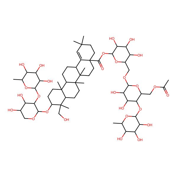 2D Structure of [6-[[6-(Acetyloxymethyl)-3,4-dihydroxy-5-(3,4,5-trihydroxy-6-methyloxan-2-yl)oxyoxan-2-yl]oxymethyl]-3,4,5-trihydroxyoxan-2-yl] 10-[4,5-dihydroxy-3-(3,4,5-trihydroxy-6-methyloxan-2-yl)oxyoxan-2-yl]oxy-9-(hydroxymethyl)-2,2,6a,6b,9,12a-hexamethyl-3,4,5,6,6a,7,8,8a,10,11,12,13,14,14a-tetradecahydropicene-4a-carboxylate