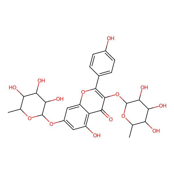 2D Structure of 5-hydroxy-2-(4-hydroxyphenyl)-3,7-bis[[(2S,3R,4S,5R,6R)-3,4,5-trihydroxy-6-methyloxan-2-yl]oxy]chromen-4-one
