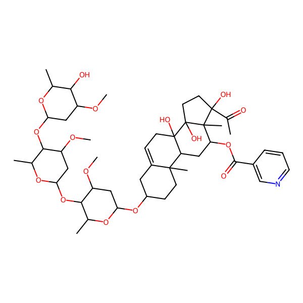 2D Structure of [(3S,8S,9R,10R,12R,13S,14R,17S)-17-acetyl-8,14,17-trihydroxy-3-[(2R,4S,5R,6R)-5-[(2S,4S,5R,6R)-5-[(2S,4R,5R,6R)-5-hydroxy-4-methoxy-6-methyloxan-2-yl]oxy-4-methoxy-6-methyloxan-2-yl]oxy-4-methoxy-6-methyloxan-2-yl]oxy-10,13-dimethyl-1,2,3,4,7,9,11,12,15,16-decahydrocyclopenta[a]phenanthren-12-yl] pyridine-3-carboxylate