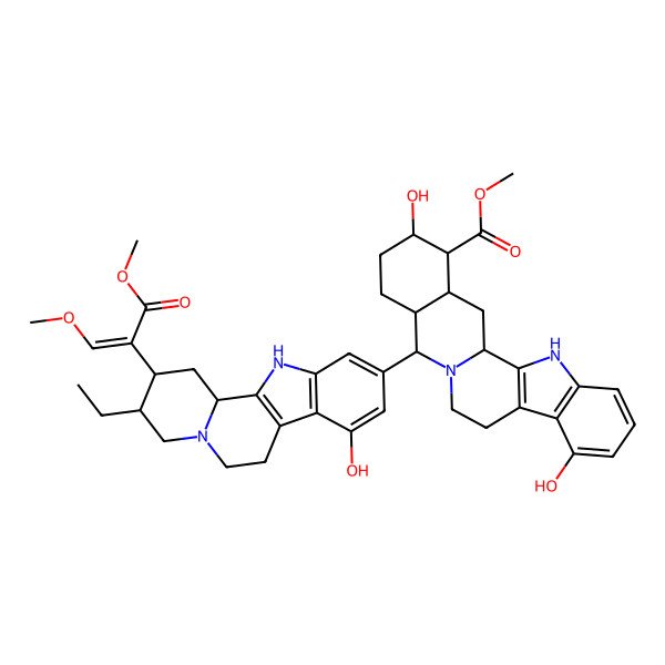 2D Structure of Methyl 14-[2-(1,3-dimethoxy-3-oxoprop-1-en-2-yl)-3-ethyl-8-hydroxy-1,2,3,4,6,7,12,12b-octahydroindolo[2,3-a]quinolizin-10-yl]-8,18-dihydroxy-1,3,11,12,14,15,16,17,18,19,20,21-dodecahydroyohimban-19-carboxylate