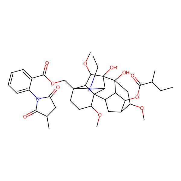 2D Structure of [(1S,2R,3R,4S,5R,6S,8R,9R,10S,13S,16S,17R,18S)-11-ethyl-8,9-dihydroxy-6,16,18-trimethoxy-4-[(2S)-2-methylbutanoyl]oxy-11-azahexacyclo[7.7.2.12,5.01,10.03,8.013,17]nonadecan-13-yl]methyl 2-[(3S)-3-methyl-2,5-dioxopyrrolidin-1-yl]benzoate