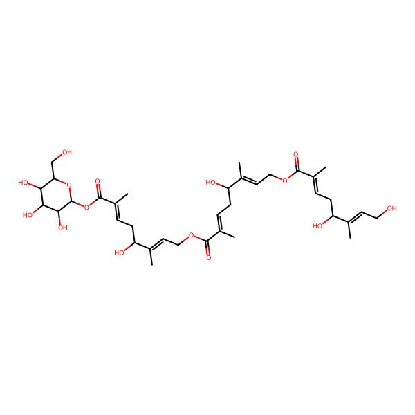 2D Structure of [(2E,6E)-4-hydroxy-8-[(2E,6E)-4-hydroxy-3,7-dimethyl-8-oxo-8-[(2S,3R,4S,5S,6R)-3,4,5-trihydroxy-6-(hydroxymethyl)oxan-2-yl]oxyocta-2,6-dienoxy]-3,7-dimethyl-8-oxoocta-2,6-dienyl] (2E,6E)-5,8-dihydroxy-2,6-dimethylocta-2,6-dienoate