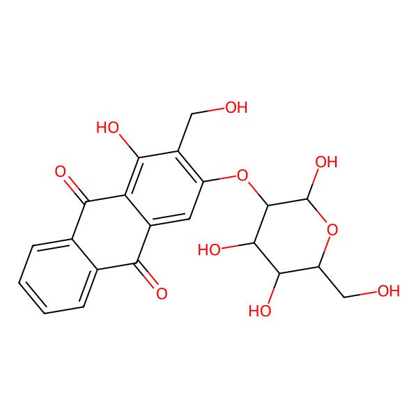 2D Structure of 1-hydroxy-2-(hydroxymethyl)-3-[(2R,3R,4R,5R,6S)-2,4,5-trihydroxy-6-(hydroxymethyl)oxan-3-yl]oxyanthracene-9,10-dione