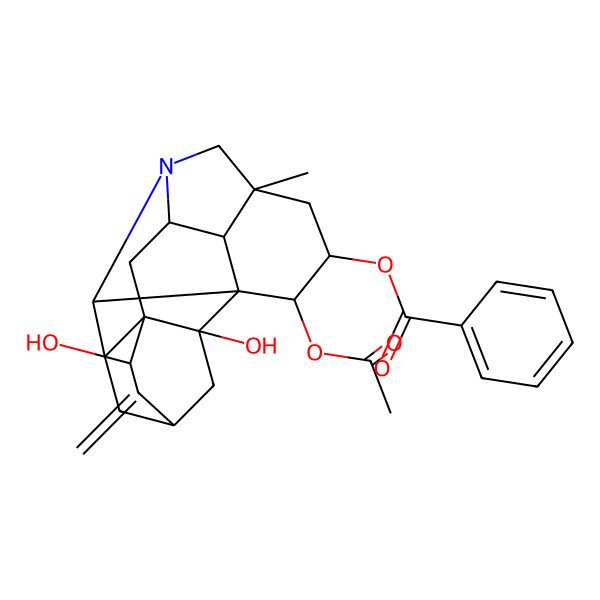 2D Structure of (2-Acetyloxy-13,18-dihydroxy-5-methyl-12-methylidene-7-azaheptacyclo[9.6.2.01,8.05,17.07,16.09,14.014,18]nonadecan-3-yl) benzoate