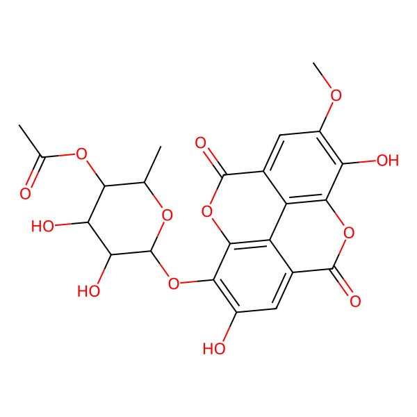 2D Structure of [(2S,3R,4S,5R,6S)-6-[(6,14-dihydroxy-13-methoxy-3,10-dioxo-2,9-dioxatetracyclo[6.6.2.04,16.011,15]hexadeca-1(15),4,6,8(16),11,13-hexaen-7-yl)oxy]-4,5-dihydroxy-2-methyloxan-3-yl] acetate