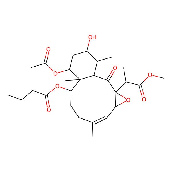 2D Structure of [12-Acetyloxy-14-hydroxy-3-(1-methoxy-1-oxopropan-2-yl)-7,11,15-trimethyl-2-oxo-4-oxatricyclo[9.4.0.03,5]pentadec-6-en-10-yl] butanoate