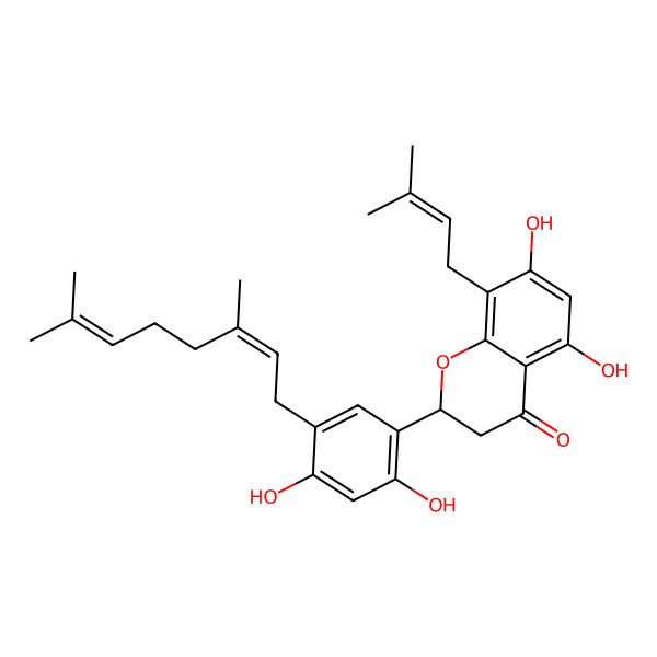 2D Structure of (2S)-2-[5-(3,7-dimethylocta-2,6-dienyl)-2,4-dihydroxyphenyl]-5,7-dihydroxy-8-(3-methylbut-2-enyl)-2,3-dihydrochromen-4-one